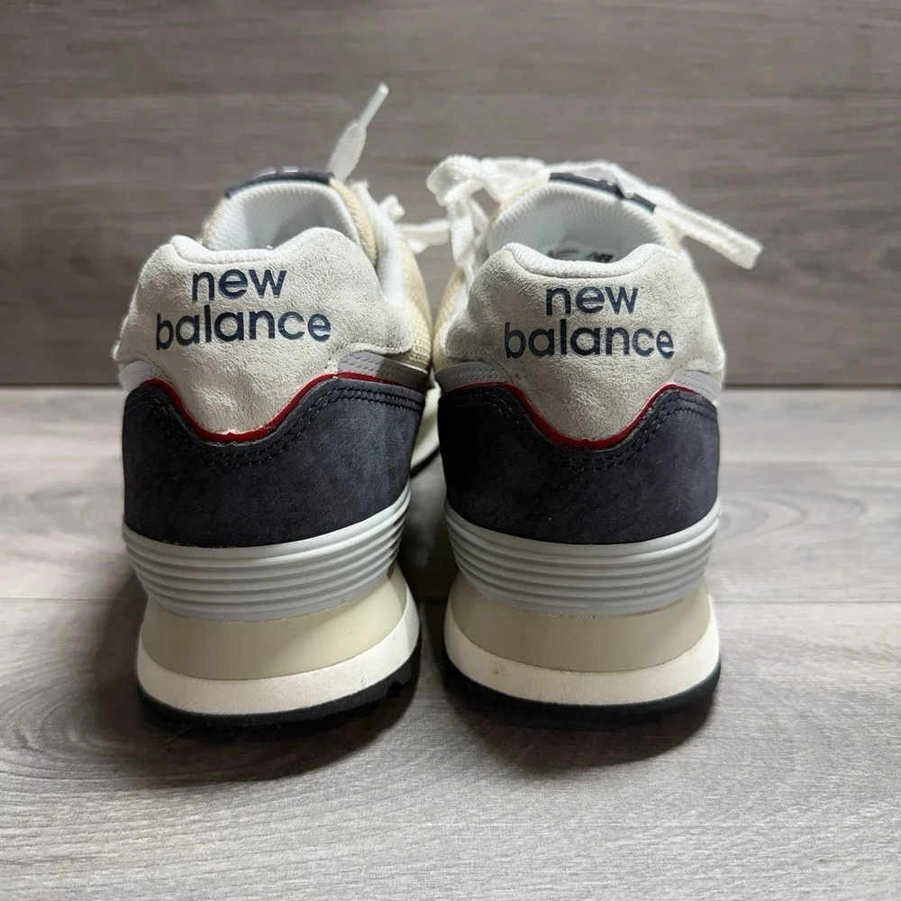 New Balance 574 Sea Salt Navy White Red Leather Shoes Sneakers Men's Size 10.5 D